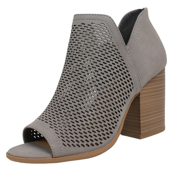 Shoes - Grey Perforated Peep Toe Stacked Heel Ankle Boot